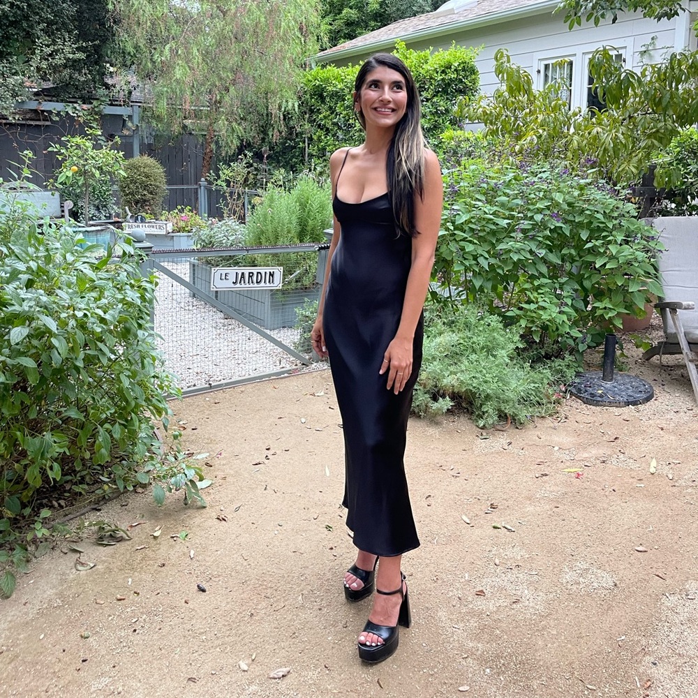 SOLD - Elegant Black Satin Sleeveless Zara Dress